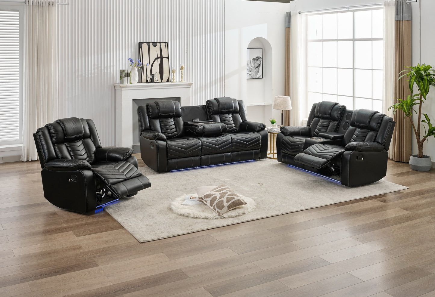 BRASWELL Power 3 Pieces Power Reclining Sofa Sets,Technical leather Power reclining Loveseat Power recliner w/ wireless charger / LED strip for Living Room,Black