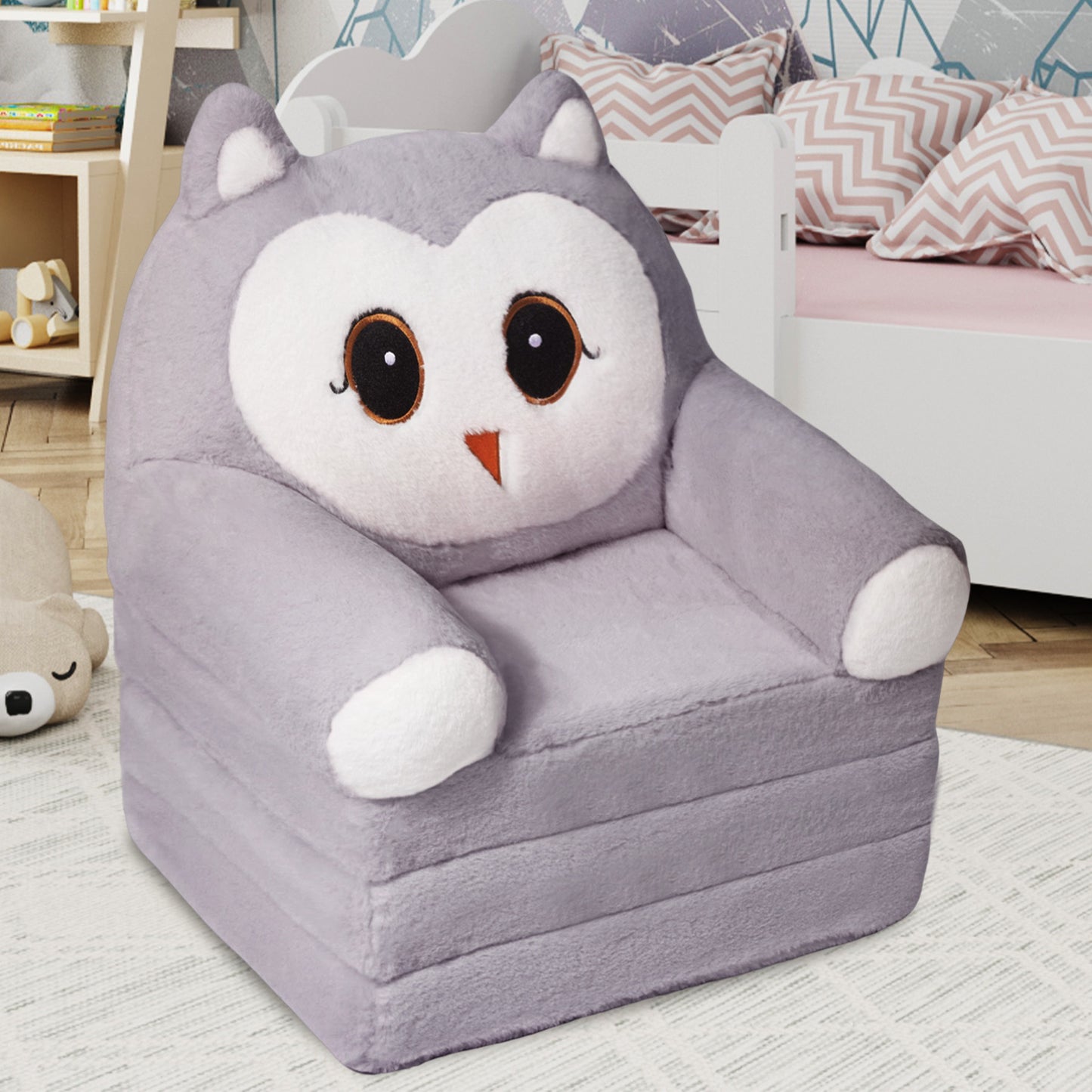 Kids Sofa Chair for Toddler, 2-in-1 Folding Soft Baby Couch with Removable Cover, Comfy Plush Children's Recliner, Convertible Floor Sofa Bed to Lounger for Girls Boys Age 1-3,Owls Grey