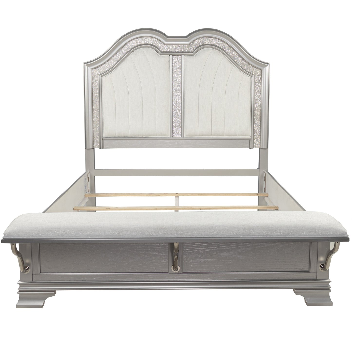 Contemporary Elegant Eastern King Size Bed 2x Nightstands Footboard Bench Upholstered Headboard 3pc Set Silver Bedroom