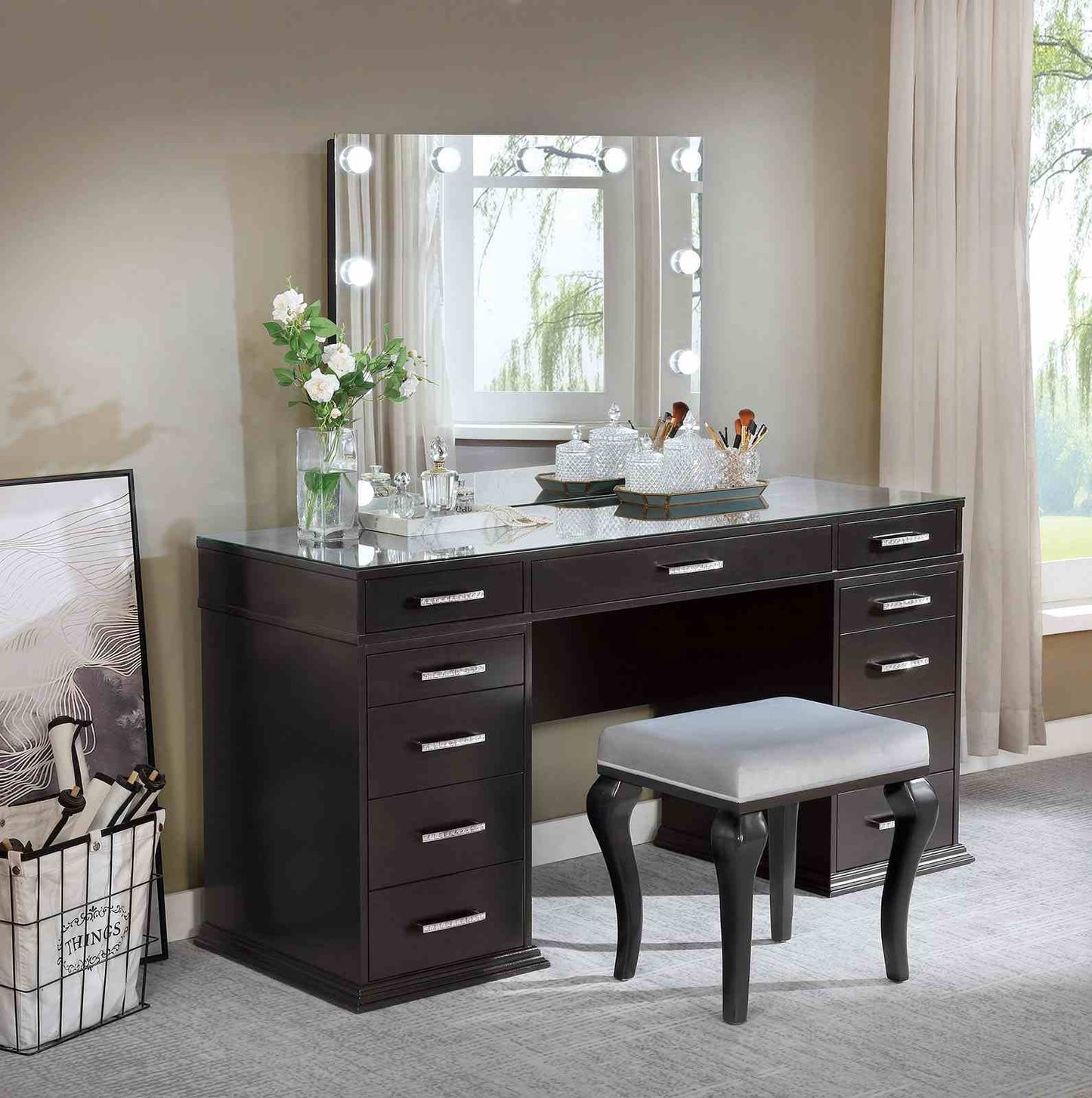 BRITTANY Glam Style 1pc Vanity w/ Padded Stool Set, Glass Top Storage Drawers LED On Mirror Obsidian Gray Finish