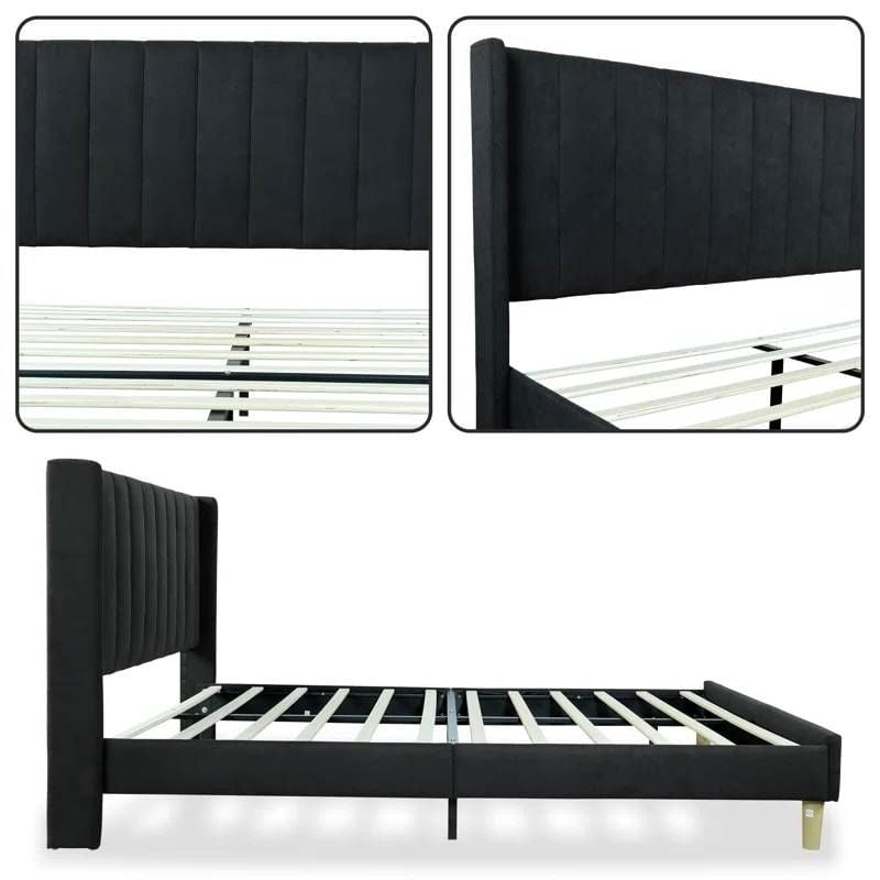 Full size Mid-Century Black Linen Platform Bed Frame with Upholstered Headboard