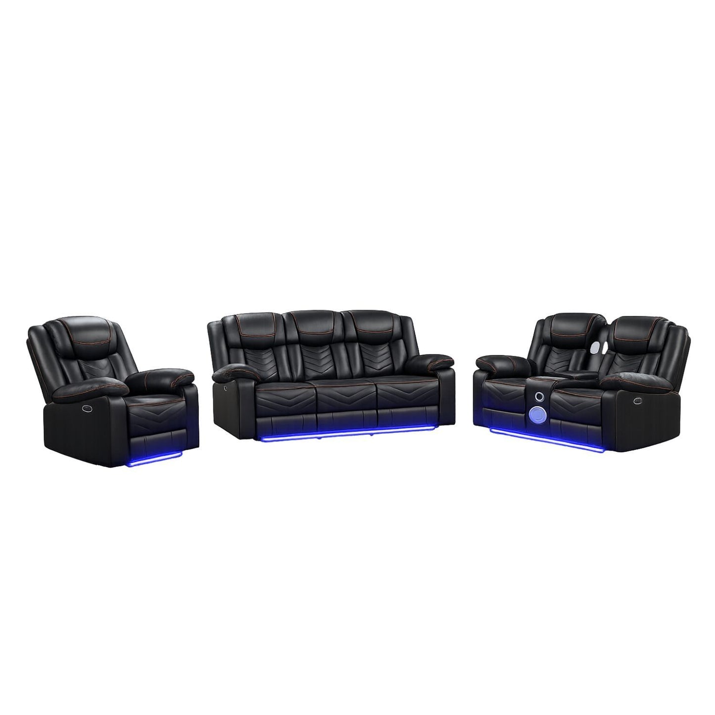 Palmers Modern Contemporary LED Power Recliner 3PC(Sofa + Loveseat + Chair) including cup holders Loveseat with console & Bluetooth speakers made with wood and metal frame in Black