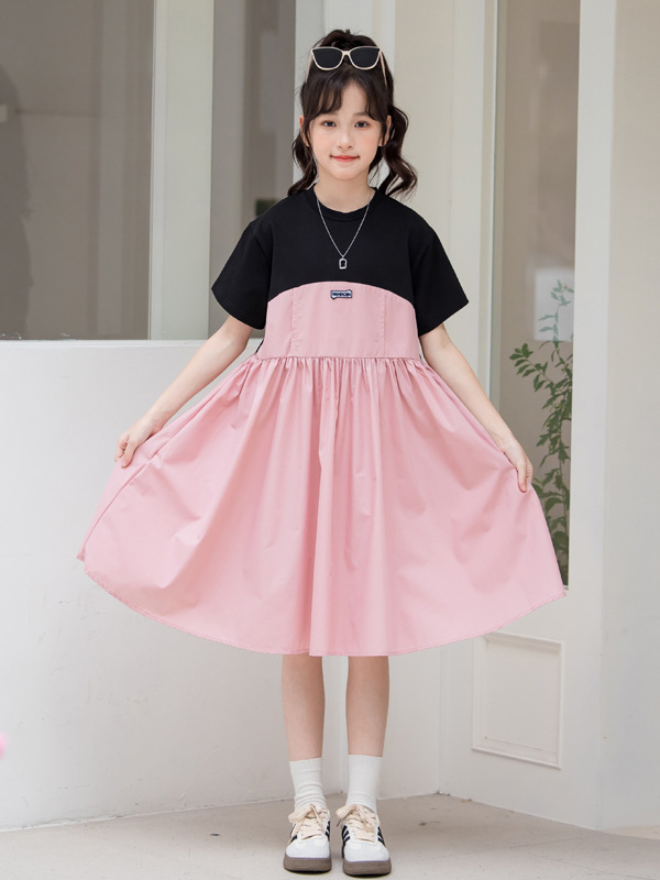 Arrival Summer Kids Girls Fashion Color Patchwork Cotton Short Sleeves Dress