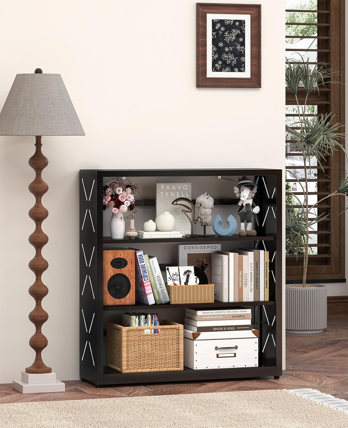 Three Shelf Black Powder Coated Steel Bookcase Anti Tip-1