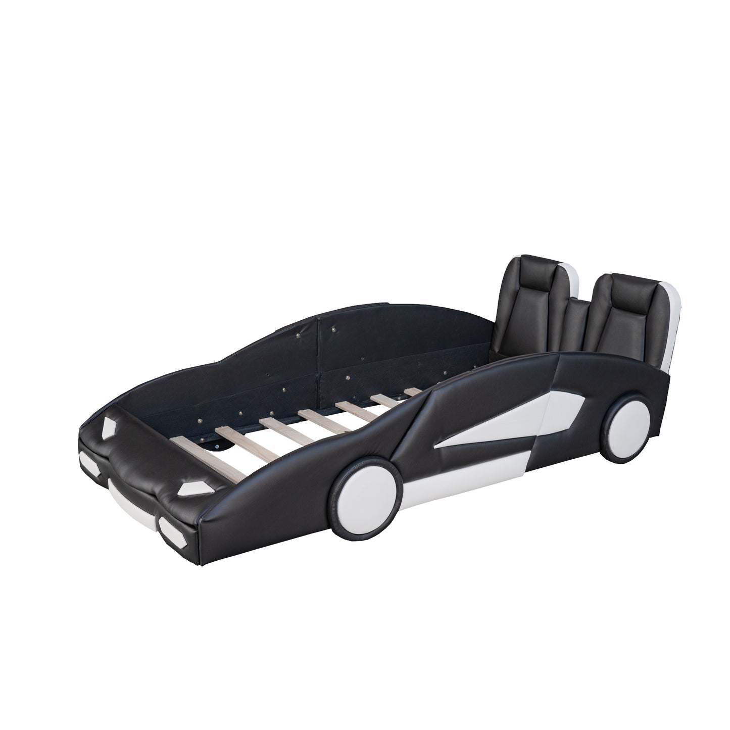 Black Race Car-Shaped Twin Platform Bed with Wheels, Pine Wood Construction