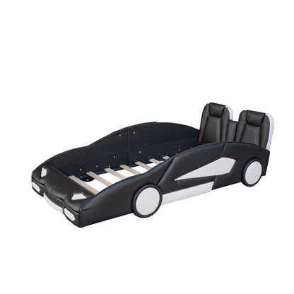 Black Race Car-Shaped Twin Platform Bed with Wheels, Pine Wood Construction