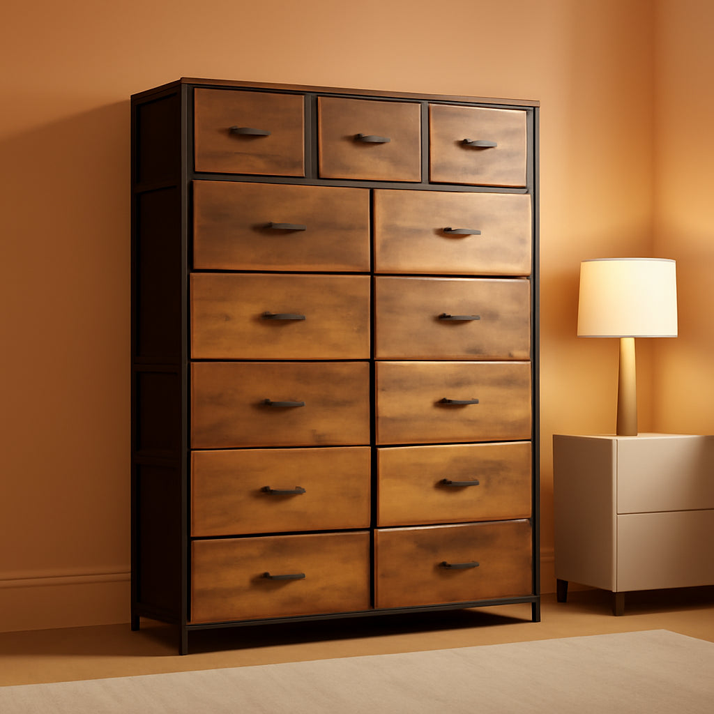 Rustic Brown Tall Dresser Featuring Fabric Drawers-0