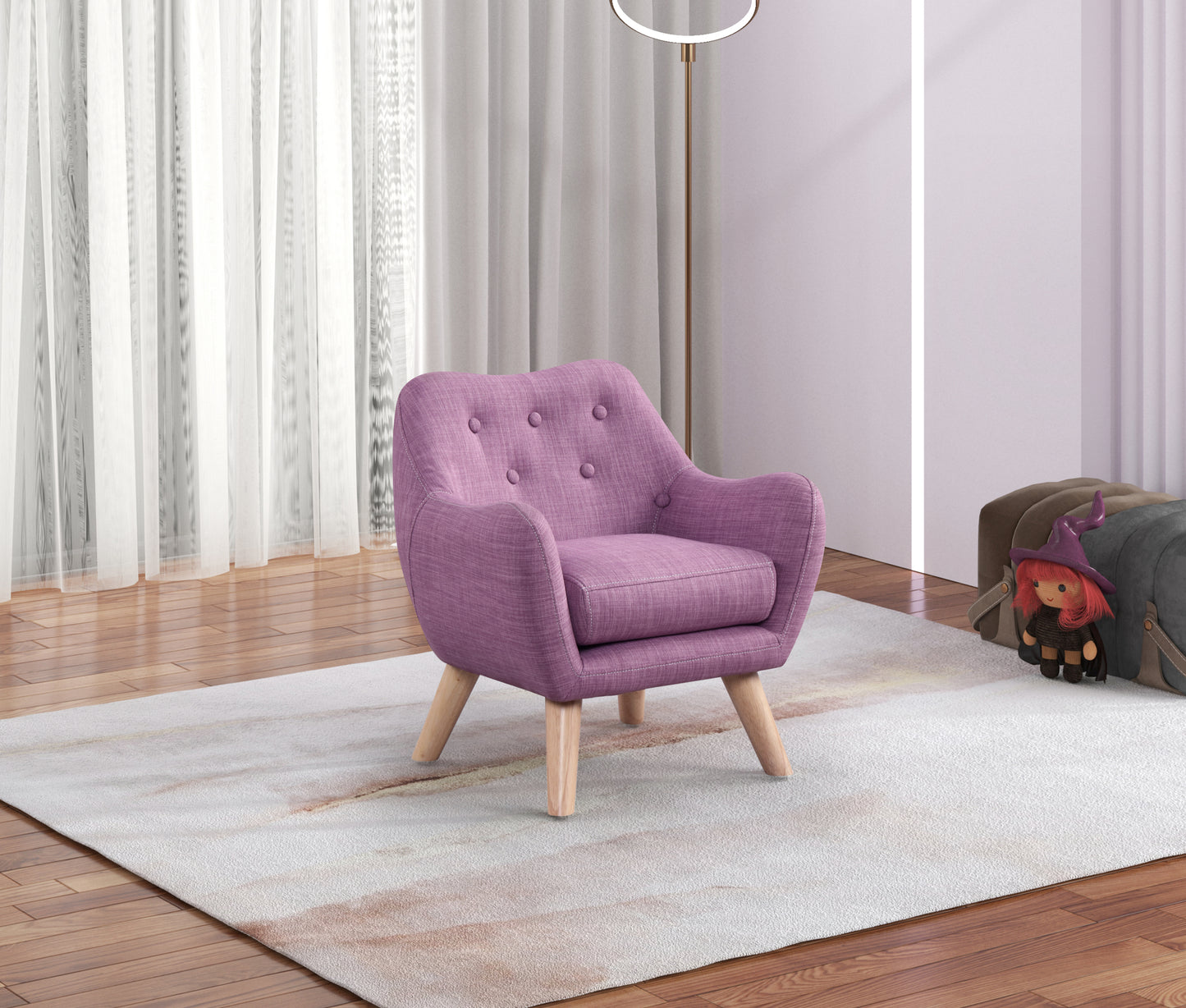 Fenix 19.5'W Pink Linen Kids Chair with Button Tufted Back and Wooden Legs