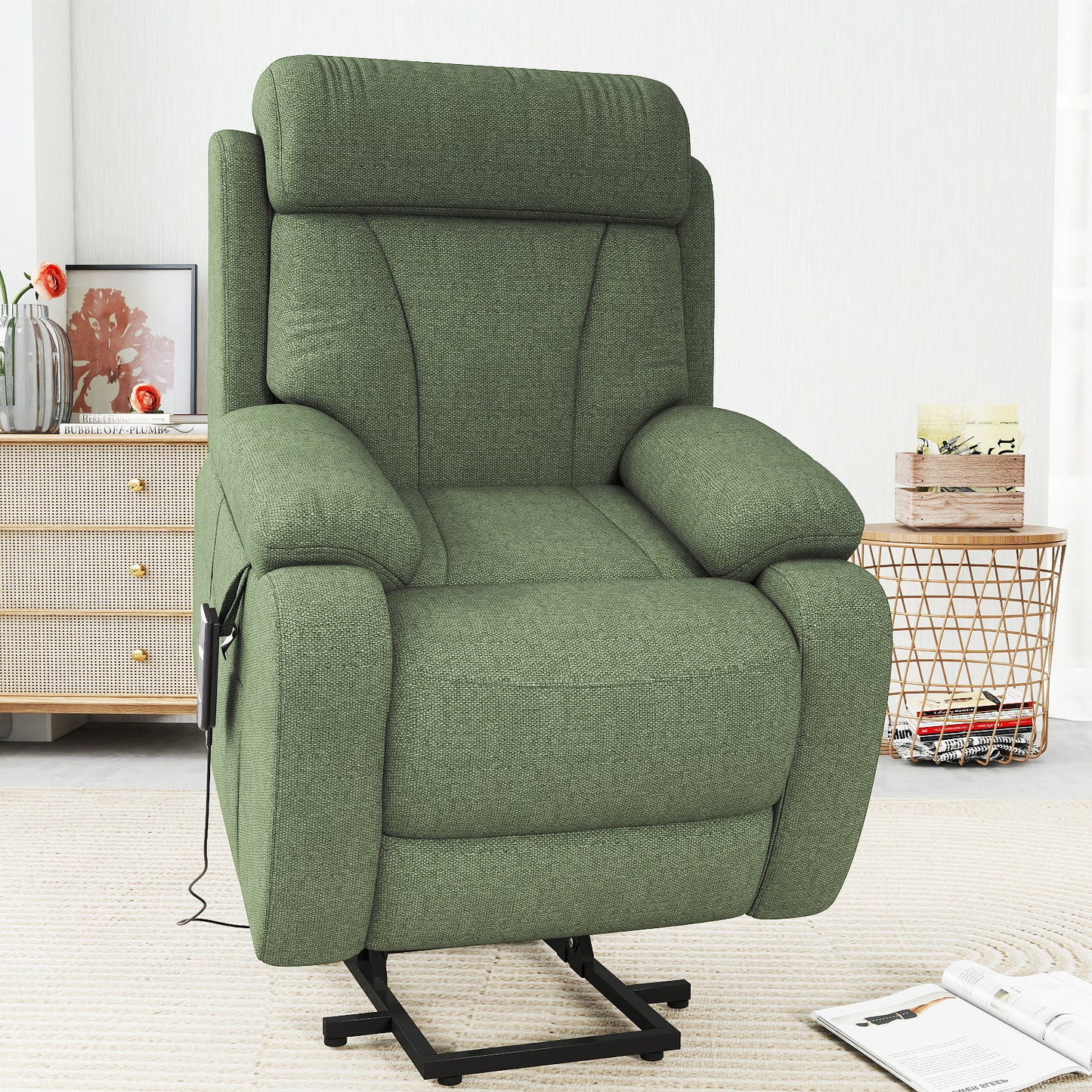 Power Lift Recliner for Elderly, Heavy Duty Lift Chair Recliners for Small Spaces, Electric Recliner Chairs for Seniors, Remote Control, Adjustable, Side Pocket (Dark Green+ Snowflake Velvet)