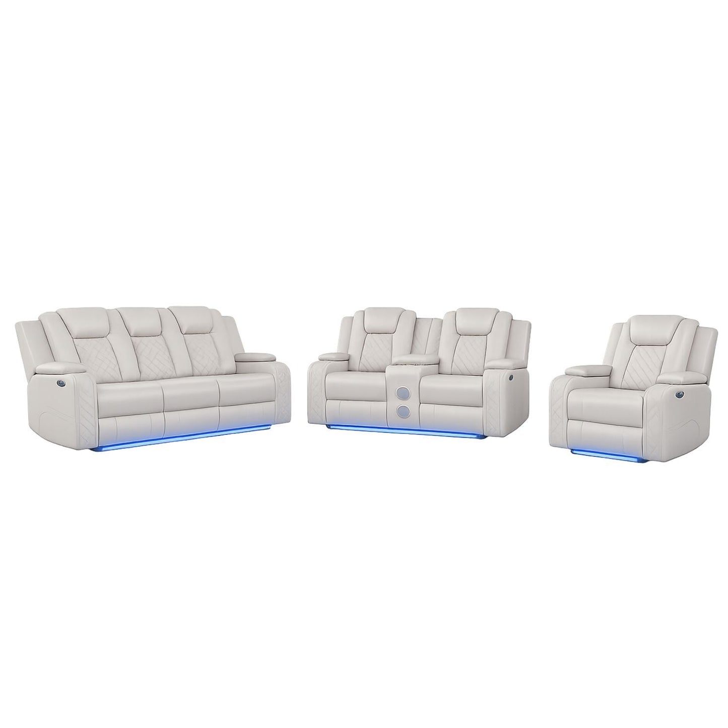 BRITTANY BENZ Modern Power Recliner 3PC Set in Ice Faux Leather with LED Lighting and USB Charging
