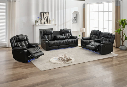 BRASWELL Power 3 Pieces Power Reclining Sofa Sets,Technical leather Power reclining Loveseat Power recliner w/ wireless charger / LED strip for Living Room,Black