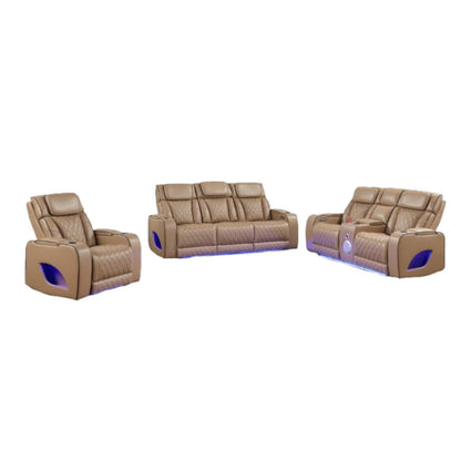 Fortuner Power Reclining 3Pc Living Room Set in Caramel Faux Leather with LED Lights, Massage Function, Bluetooth Speakers and Wireless Charging