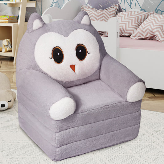 Kids Sofa Chair for Toddler, 2-in-1 Folding Soft Baby Couch with Removable Cover, Comfy Plush Children's Recliner, Convertible Floor Sofa Bed to Lounger for Girls Boys Age 1-3,Owls Grey