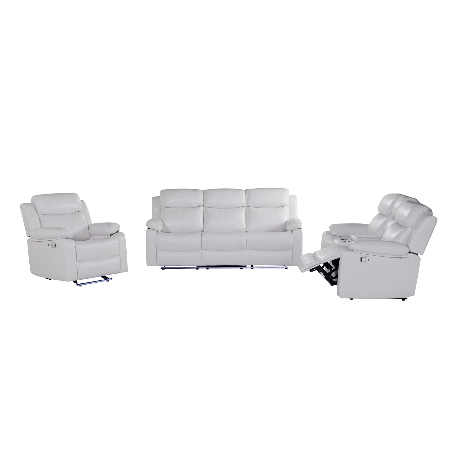 TIA White 3PC Reclining Sofa and Loveseat with LED Lights, Speaker, Wood Frame, Medium Firm Seating, White