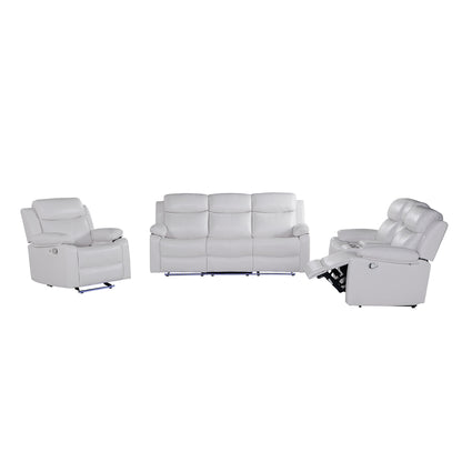 TIA White 3PC Reclining Sofa and Loveseat with LED Lights, Speaker, Wood Frame, Medium Firm Seating, White