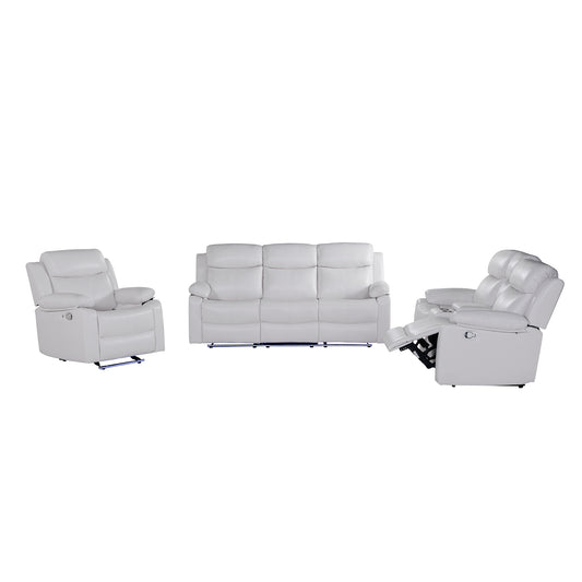 TIA White 3PC Reclining Sofa and Loveseat with LED Lights, Speaker, Wood Frame, Medium Firm Seating, White