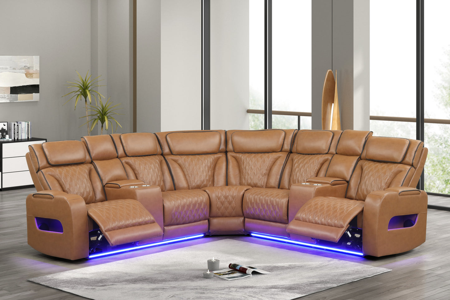 Jazz 116' Light Brown Leather Aire Transformer Power Reclining Sectional Sofa with Power Headrest, Bluetooth Speakers, LED Lights, USB & USB-C Ports, Storage & Cupholders