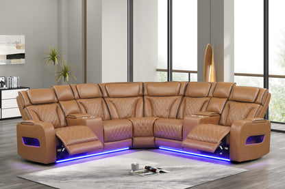 Jazz 116' Light Brown Leather Aire Transformer Power Reclining Sectional Sofa with Power Headrest, Bluetooth Speakers, LED Lights, USB & USB-C Ports, Storage & Cupholders