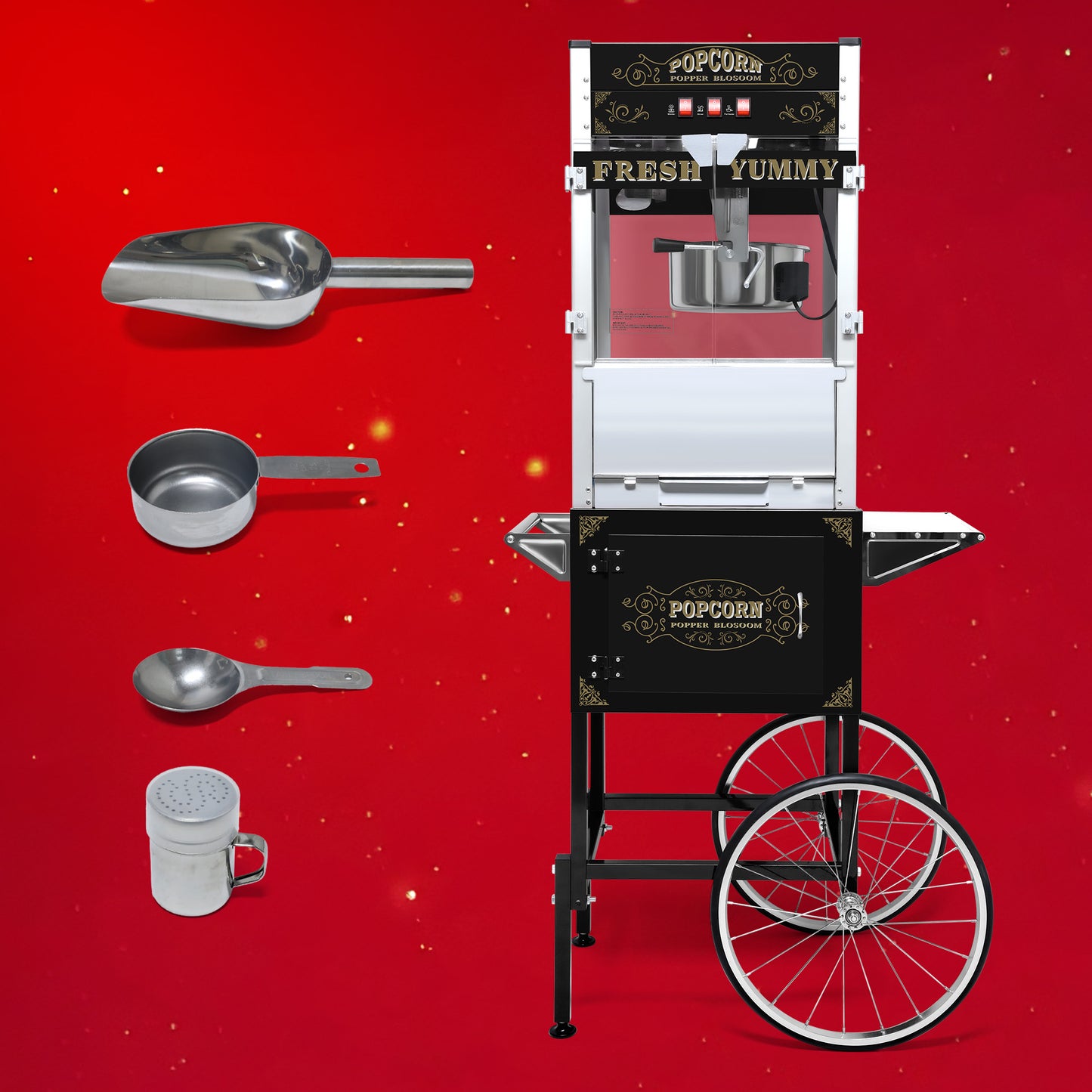 Commercial Popcorn Machine with Cart and 20-Ounce Kettle,Vintage-Style Popper on Wheels with Tempered Glass, Warming Deck, 1440W Popcorn Popper for Parties, Events, and Home Theater (Black)