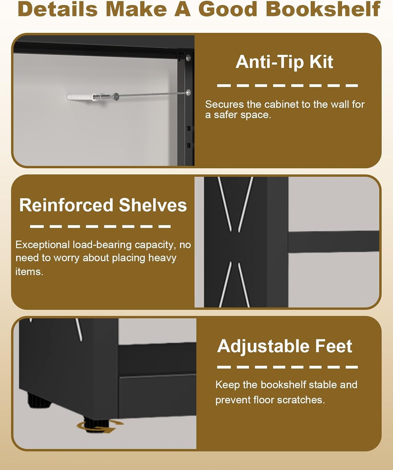 Three Shelf Black Powder Coated Steel Bookcase Anti Tip-4
