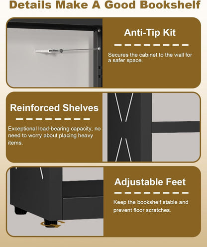 Three Shelf Black Powder Coated Steel Bookcase Anti Tip-4