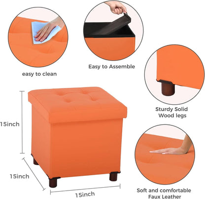 Orange Faux Leather Storage Ottoman With Wooden Tray-2