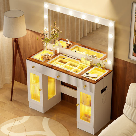 43.3' Vanity Desk with Large Mirror and Hollywood Bulbs, Modern Glass Top Makeup Vanity with Drawers and Power Outlet, Large Dressing Table with 3 Color Lighting Modes