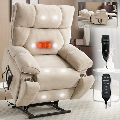 Beige Heat Massage Dual Motor Up to 350 LBS Large Power Lift Recliners with Hidden Cup Holders, Power-Remote, Medium-firm and Heavy Duty