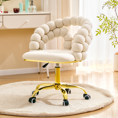 Modern Velvet Adjustable Swivel Desk Chair with Bubble Back, Upholstered Vanity Chair with Gold Metal Base, Rolling Office Chair Beige (Set of 1)