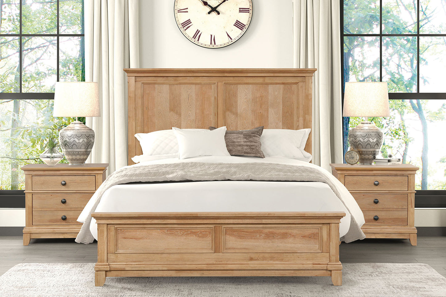 3pc Set Farmhouse Style Est King Size Bed Nightstands Plank Headboard Natural Oak Bedroom Furniture