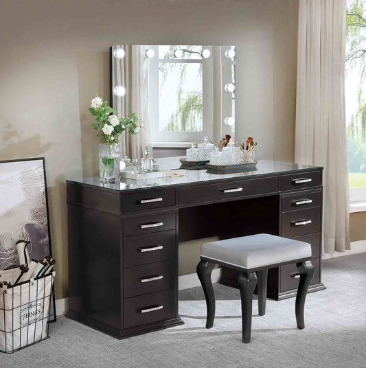 BRITTANY Glam Style 1pc Vanity w/ Padded Stool Set, Glass Top Storage Drawers LED On Mirror Obsidian Gray Finish