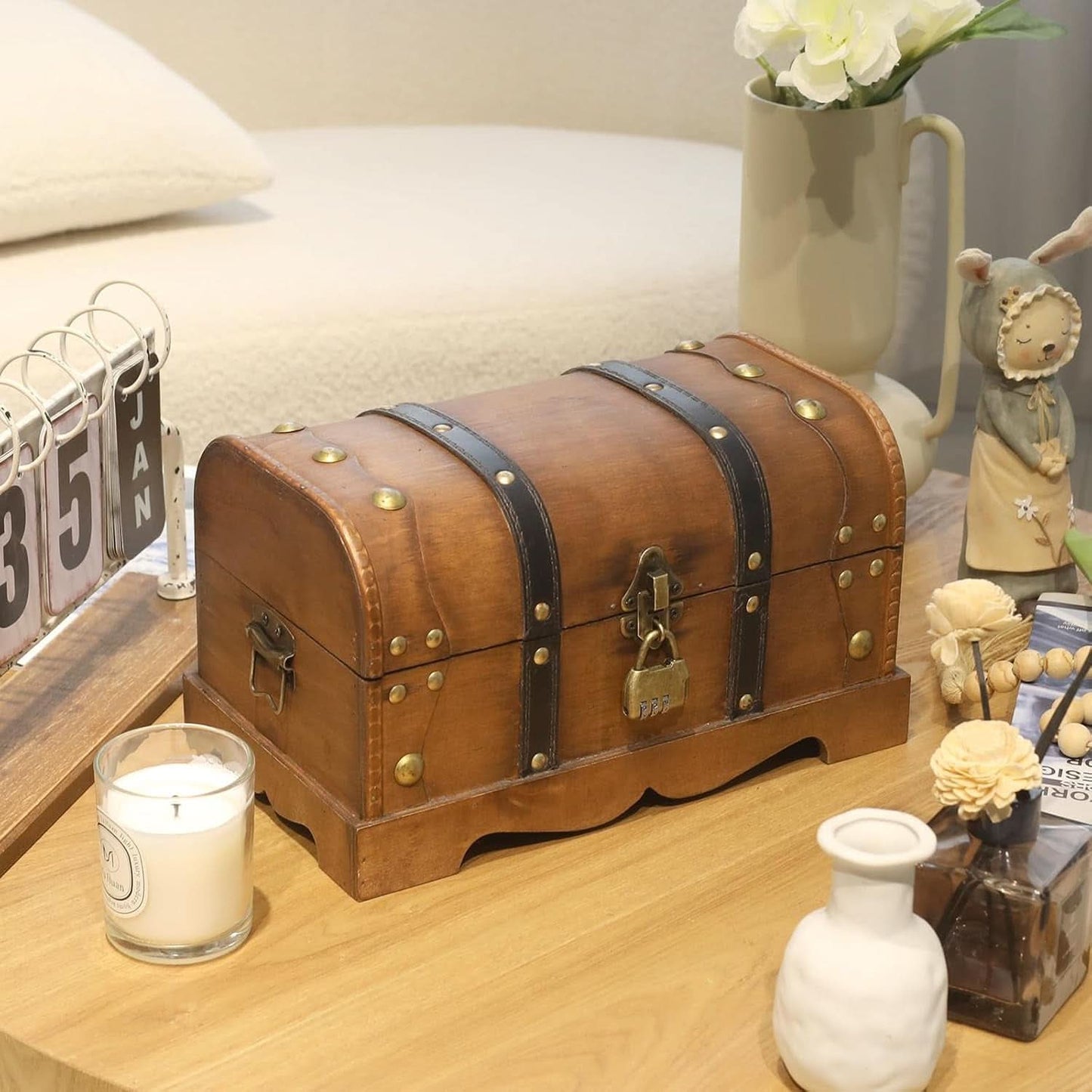 Brown Vintage Handcrafted Treasure Chest With Lock-3