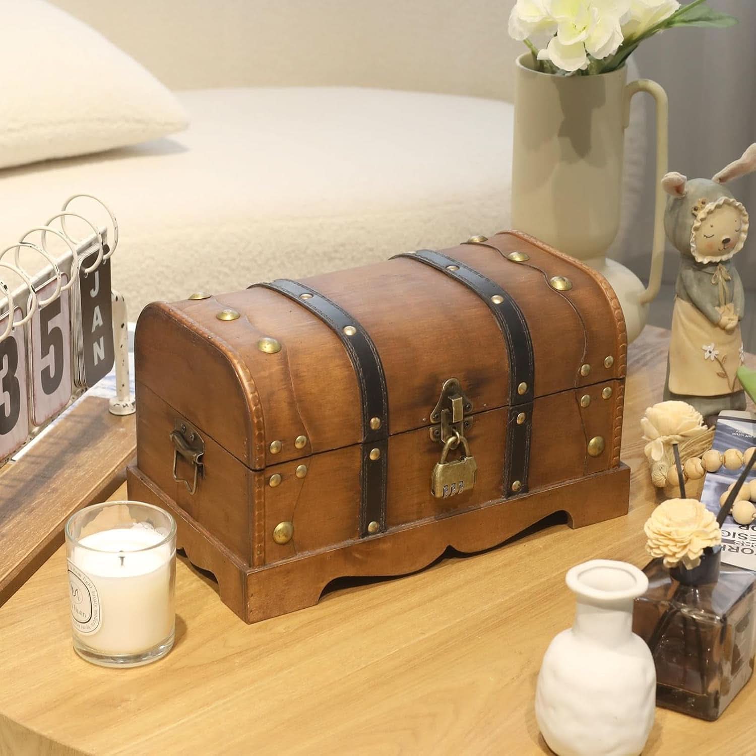 Brown Vintage Handcrafted Treasure Chest With Lock-3