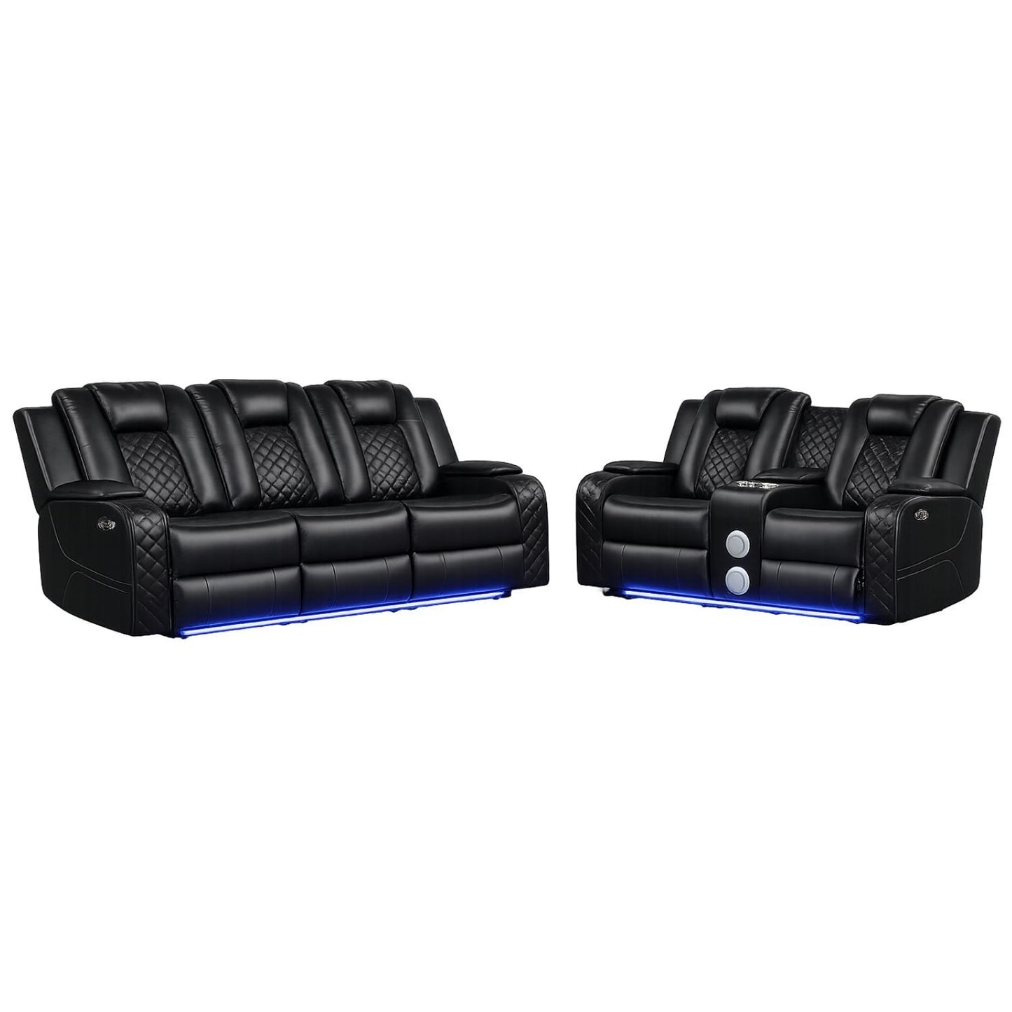 BRITTANY BENZ LED & Power Recliner 2 PC Faux Leather in Black with Adjustable Headrests and Ambient LED Lighting