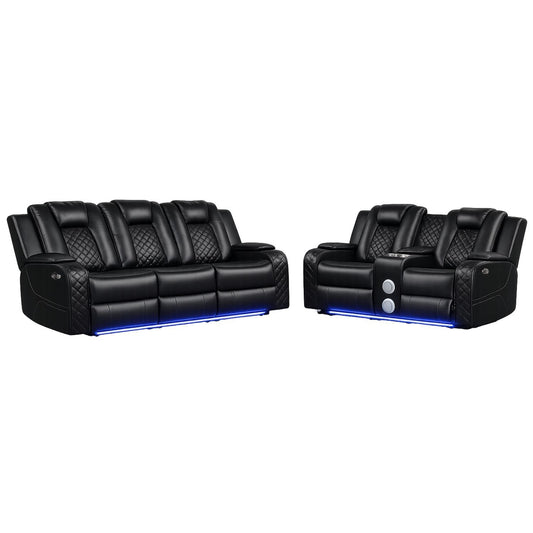 BRITTANY BENZ LED & Power Recliner 2 PC Faux Leather in Black with Adjustable Headrests and Ambient LED Lighting