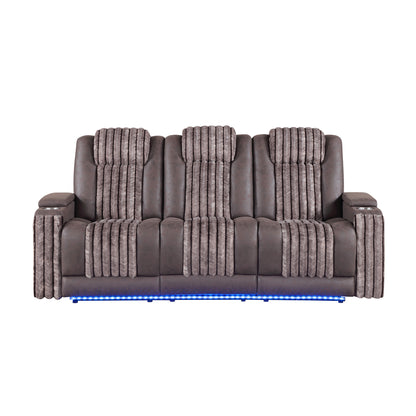 PAULKS Brown 3PC Power Reclining Sofa-Loveseat and Recliner with Power Headrest, LED, USB, and Bluetooth Speaker