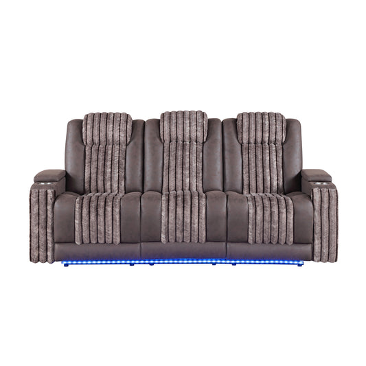 PAULKS Brown 3PC Power Reclining Sofa-Loveseat and Recliner with Power Headrest, LED, USB, and Bluetooth Speaker