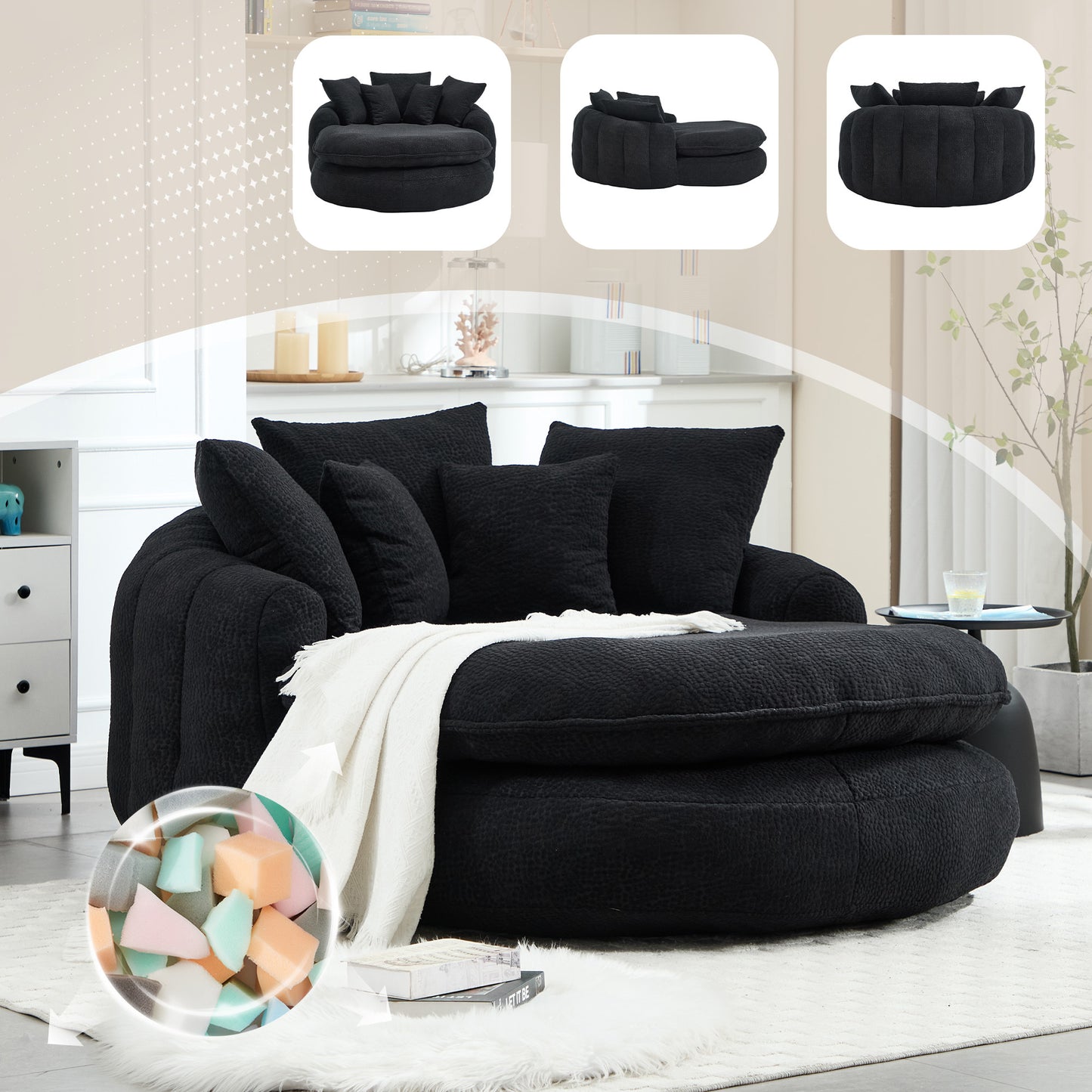 Oversized Oval Upholstered Bean Bag Sofa, Lazy Sofa with 3 Large Pillows and 2 Small Pillows, Wrap Around Backrest for Adults, Chenille Fabric Lazy Floor Bean Bag Sofa