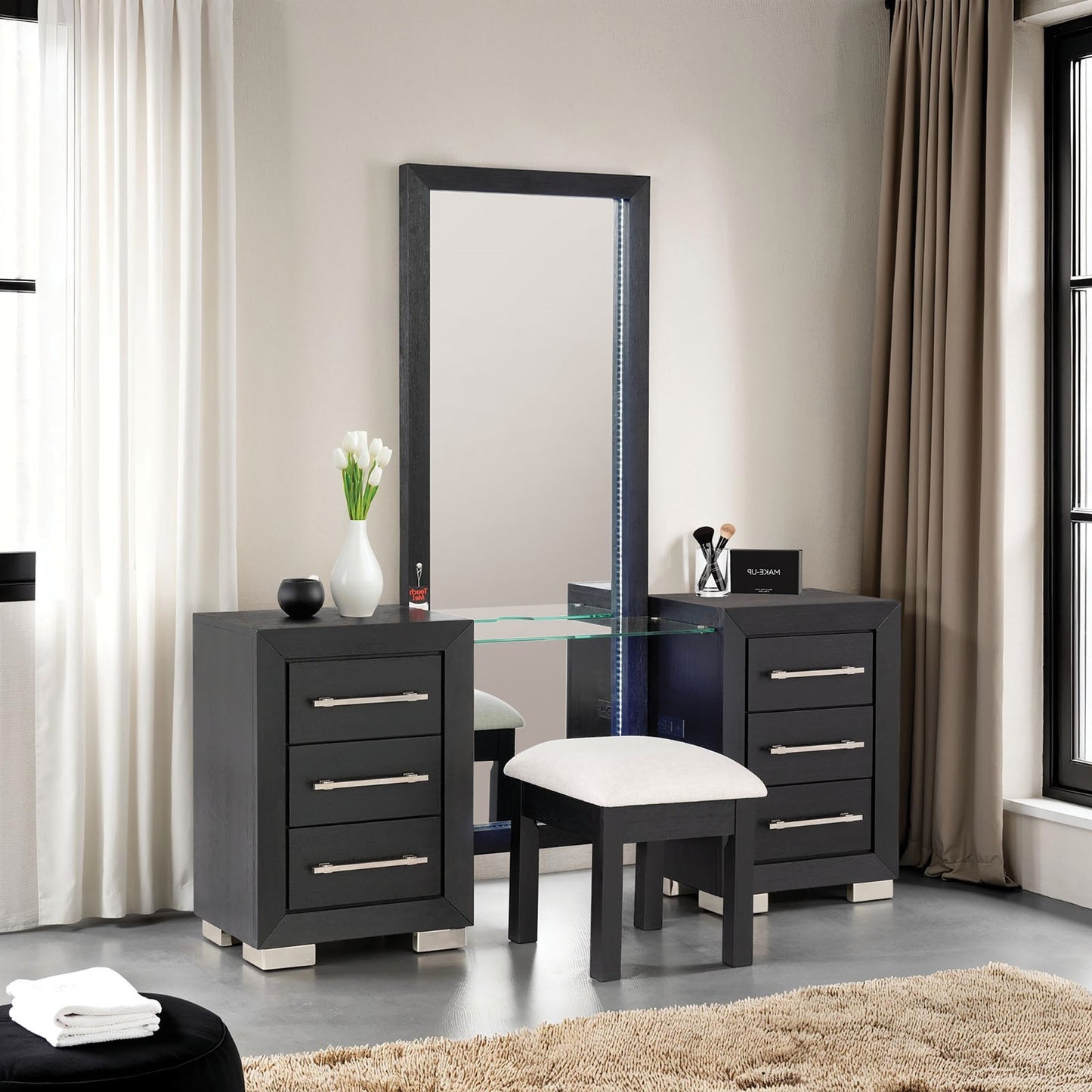 TIA Contemporary Style 1pc Vanity w/ Stool Metal Legs USB Port Ball Bearing Glides Glass Top Full Length Mirror Black Finish Bedroom Furniture