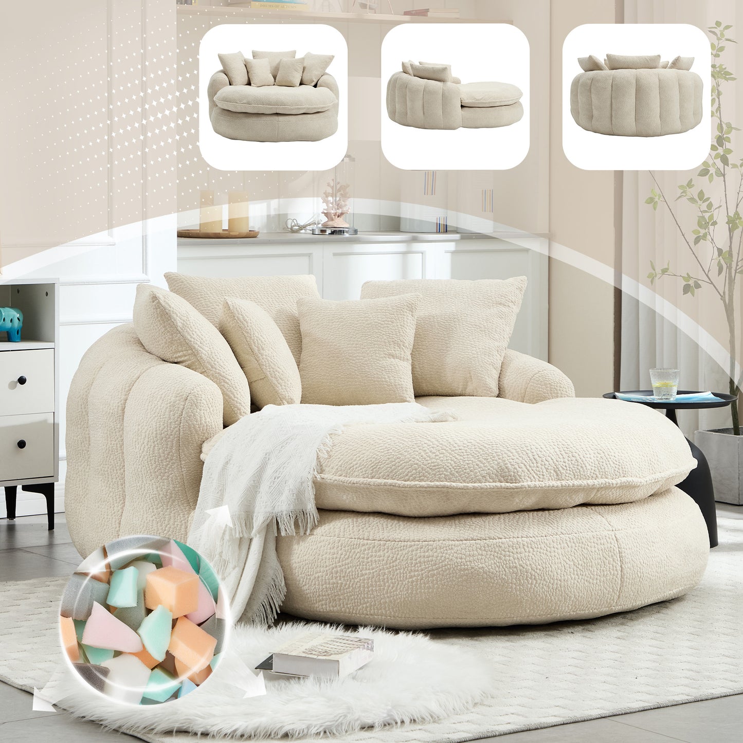 Oversized Oval Upholstered Bean Bag Sofa, Lazy Sofa with 3 Large Pillows and 2 Small Pillows, Wrap Around Backrest for Adults, Chenille Fabric Lazy Floor Bean Bag Sofa