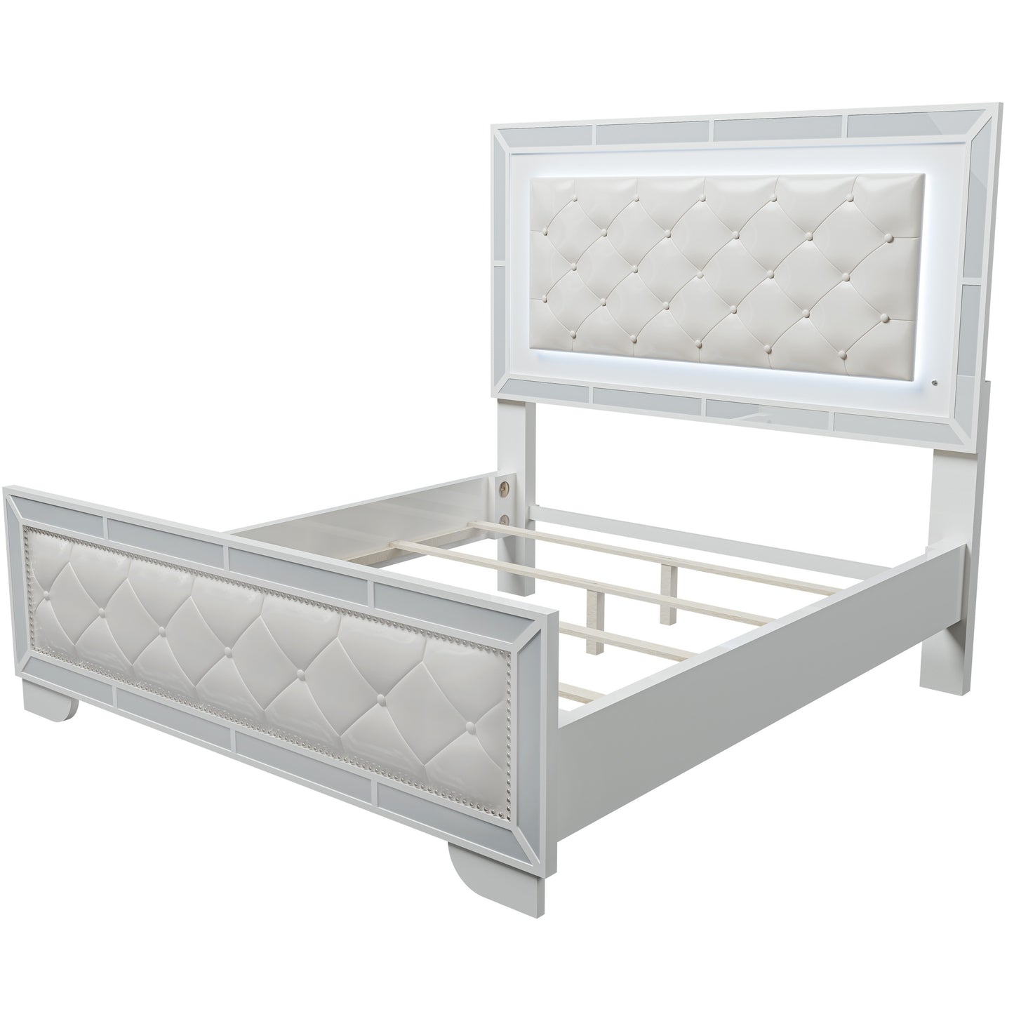Cream Ivory Tufted Faux Leather King Size Bed with LED Lights and 2x Nightstands in Traditional Style