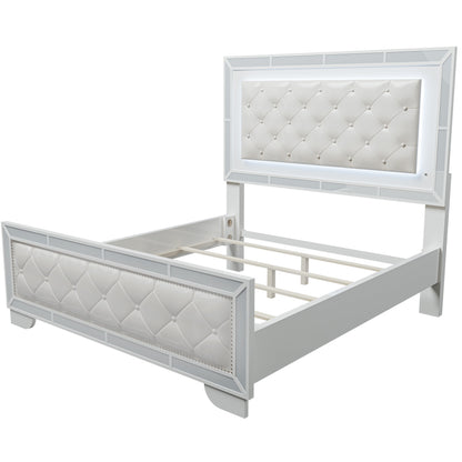 Cream Ivory Tufted Faux Leather King Size Bed with LED Lights and 2x Nightstands in Traditional Style
