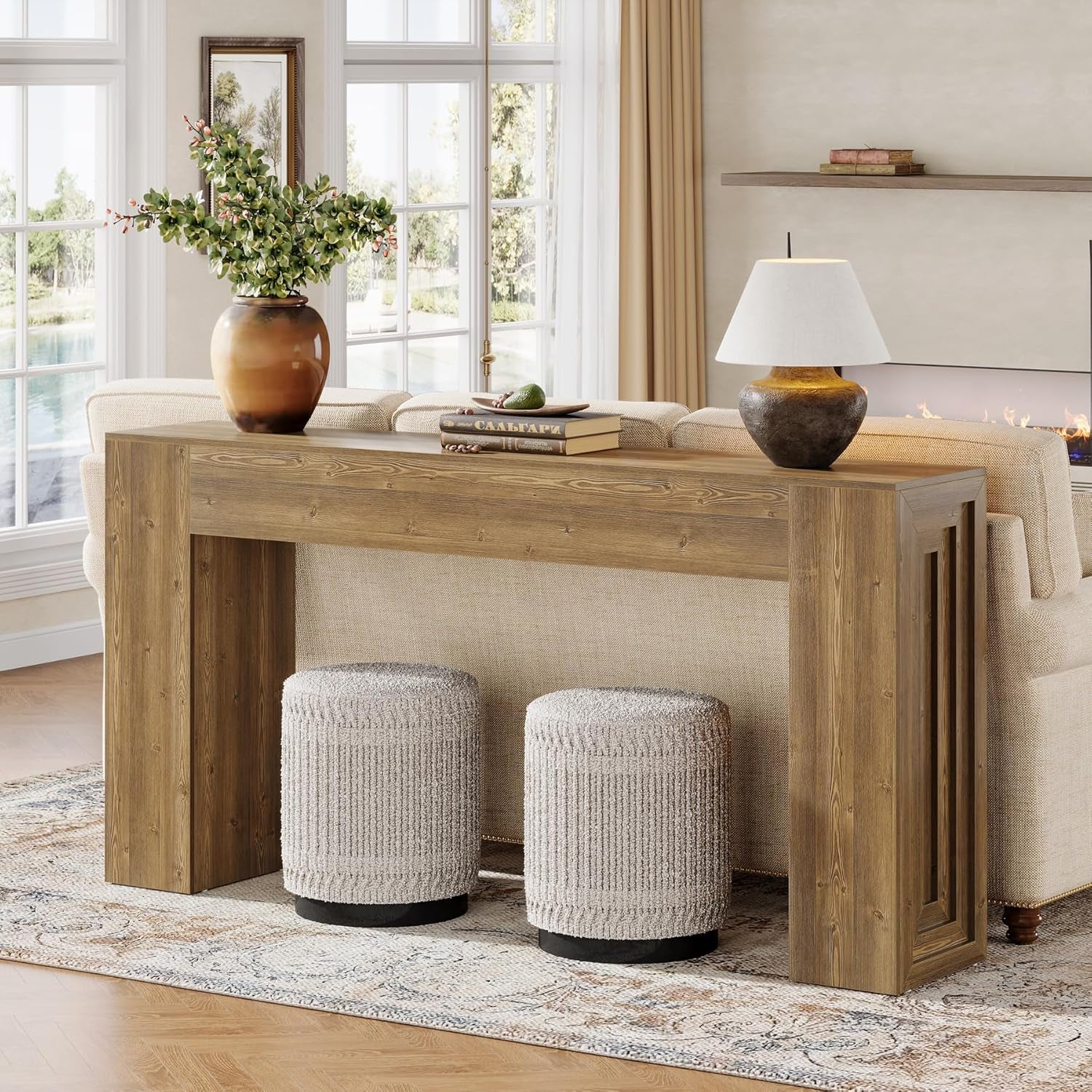 63 Inch Farmhouse Console Table Natural Brown Finish-2