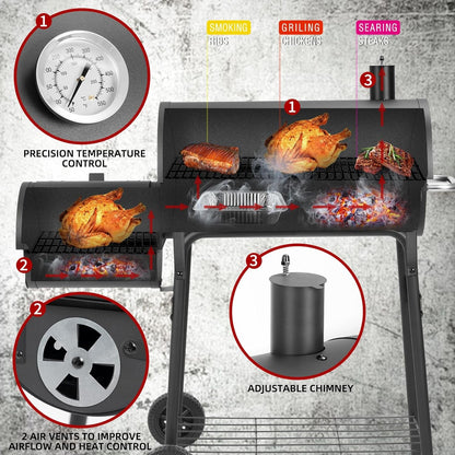 Barrel Charcoal Grill With Offset Smoker 550 SqInches