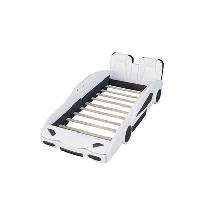 White Race Car-Shaped Twin Platform Bed with Wheels, Pine Wood Construction
