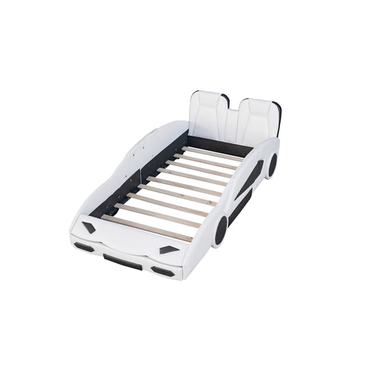 White Race Car-Shaped Twin Platform Bed with Wheels, Pine Wood Construction