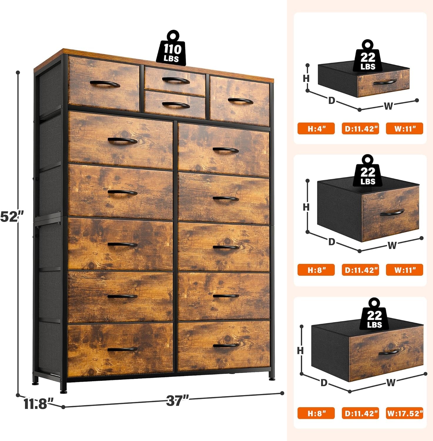 Rustic Brown Tall Dresser Featuring Fabric Drawers-1