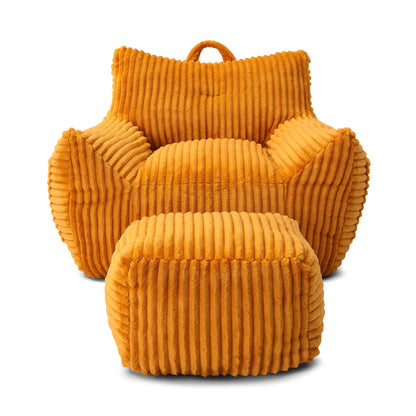 Giant Plush Bean Bag Chair with Armrests and Footstool for Adults in Comfy Yellow Corduroy