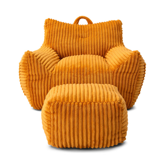 Giant Plush Bean Bag Chair with Armrests and Footstool for Adults in Comfy Yellow Corduroy