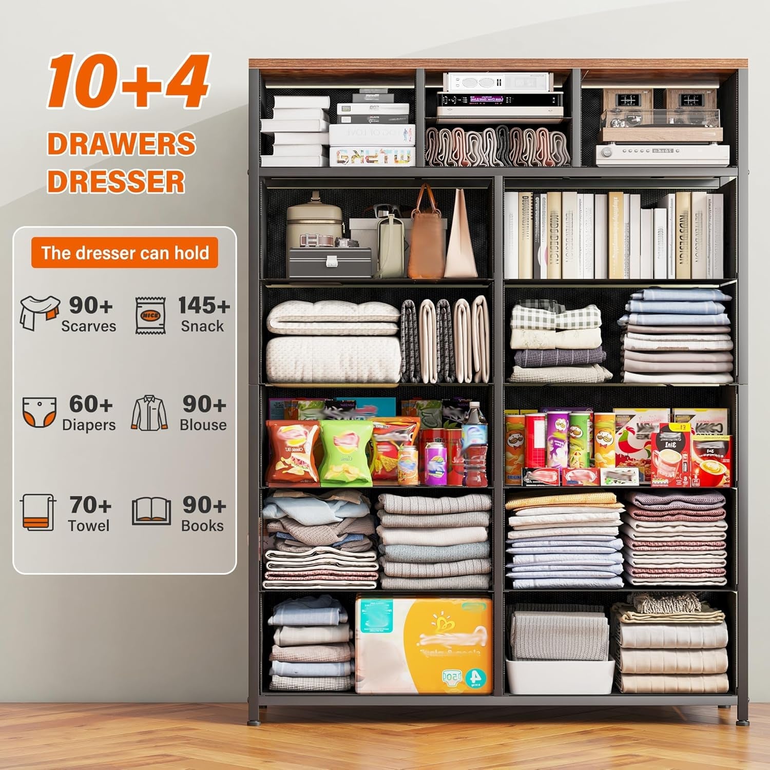 Rustic Brown Tall Dresser Featuring Fabric Drawers-2